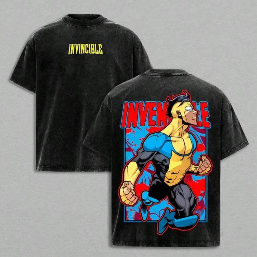 Vintage Washed Distressed Grayson Sketch Print T-Shirt, Front Printed with "Invincible", Retro Dirty-Style Soft Cotton Crew Neck Short Sleeve Top, Urban Comic Hip-Hop Style for Daily Streetwear & Party Outfits