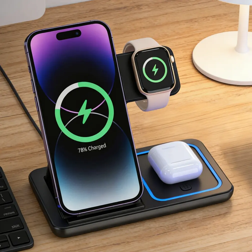 3-in-1 Compact Foldable Mobile Wireless Charger Station - ABS Plastic Fast Charger with Built-in Speaker, Silicone Adapter, Desk Clutter Organizer for iOS Devices (Black)