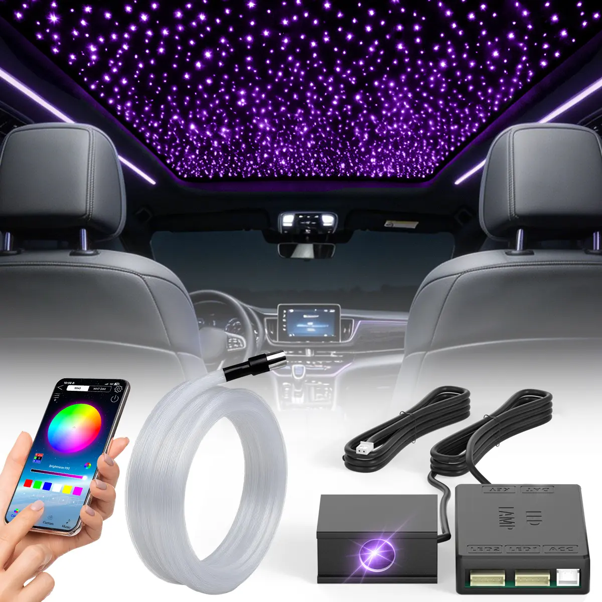 300~1200PCS Split Fiber Optic Car Headliner Star Light Kit RGB Glow Ceiling Lamp APP Control Auto Roof Starry Interior Decor Light for Truck SUV Van