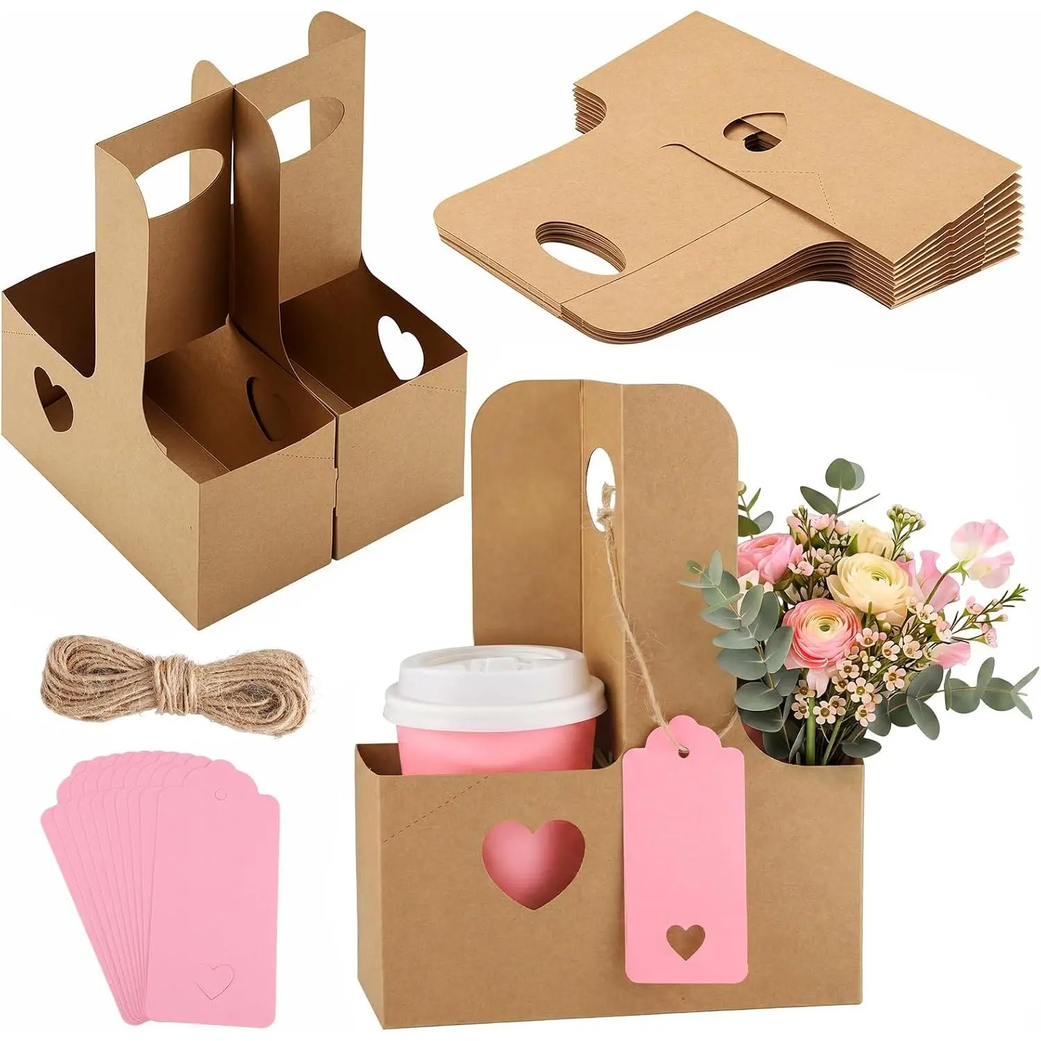 2 Cup Drink Carrier with Handle, 12 count Disposable Drink Carrier Cardboard