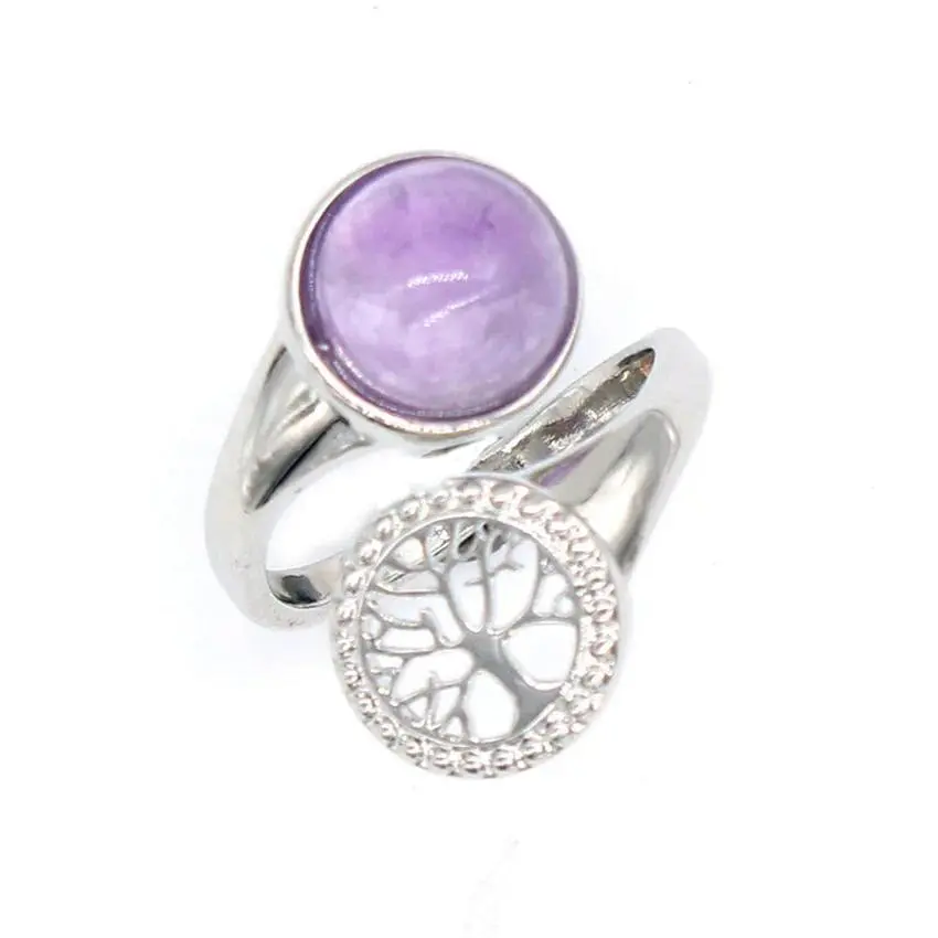 Charms Natural Healing Crystal Tree of Life Stone Rings For Women Amethyst Rose Quartz Adjustable Choice Finger Ring Men Jewelry