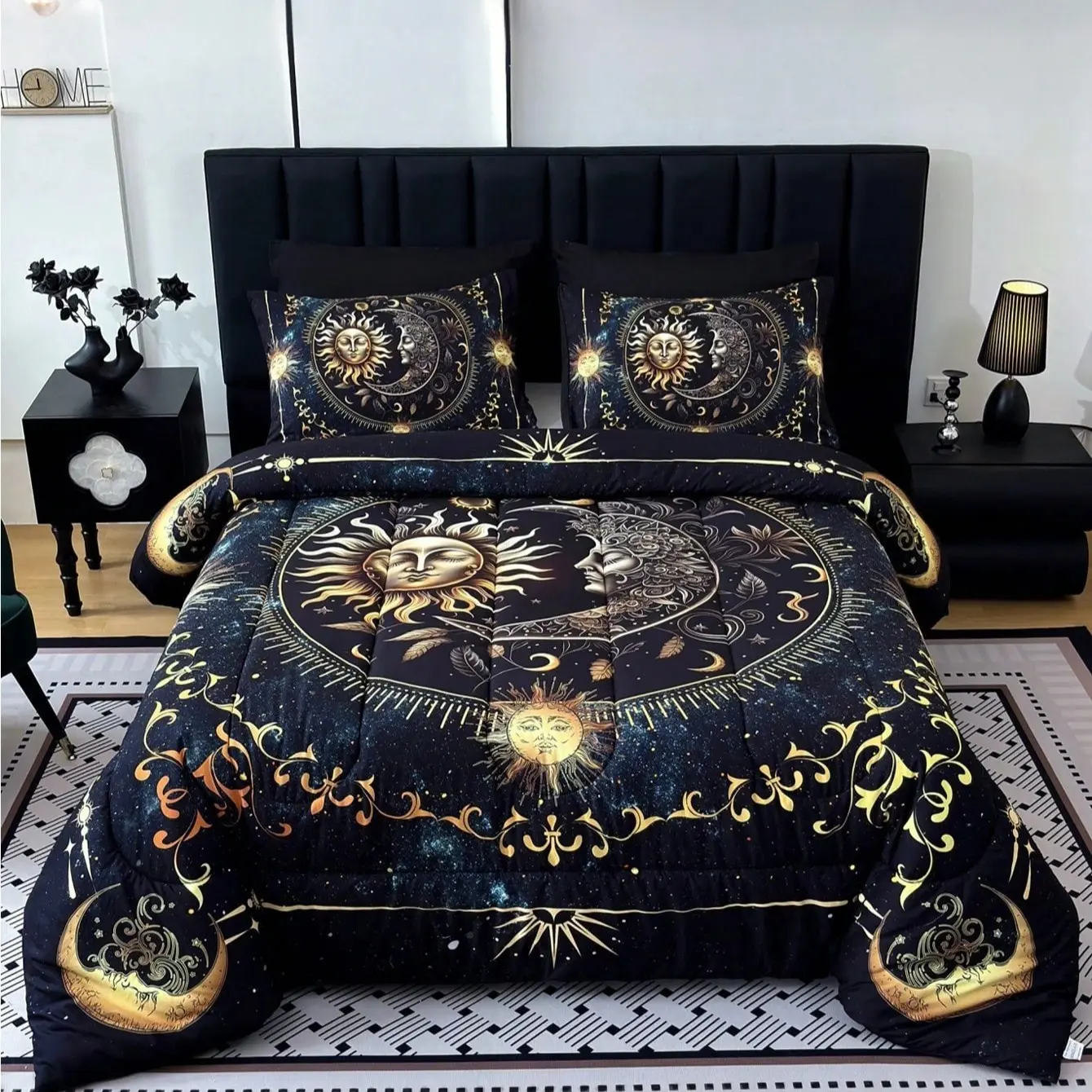 3PCS Golden Sun And Moon Planet Intensification Quilt Set(1 Comforter+2 Pillowcases Without Pillow Core), Contains Padding 200gsm Quilting Soft Ventilate Digital Printing Bedroom Dormitory Room Decor King Size Qui Printed Bedding Set Breathable Quilt Set