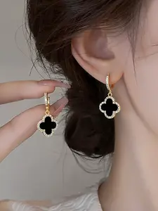 Elegant Agate Clover Stud Earrings, Copper Material, Full Diamond Ear Cuffs, Long Lucky Grass Pendant, Perfect Gift for Friends