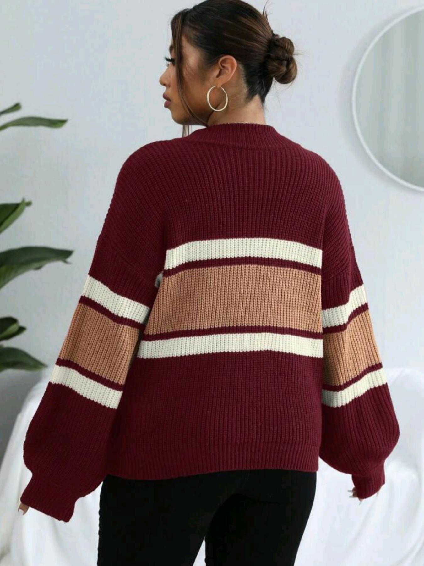 Women's Colorblock Striped Print Half Zip Up Mock Neck Sweater Pullover Top, Casual Loose Drop Shoulder Long Sleeve Jumper, Women's Fall & Winter Knitwear For Daily Wear Fitted Lady Womenswear