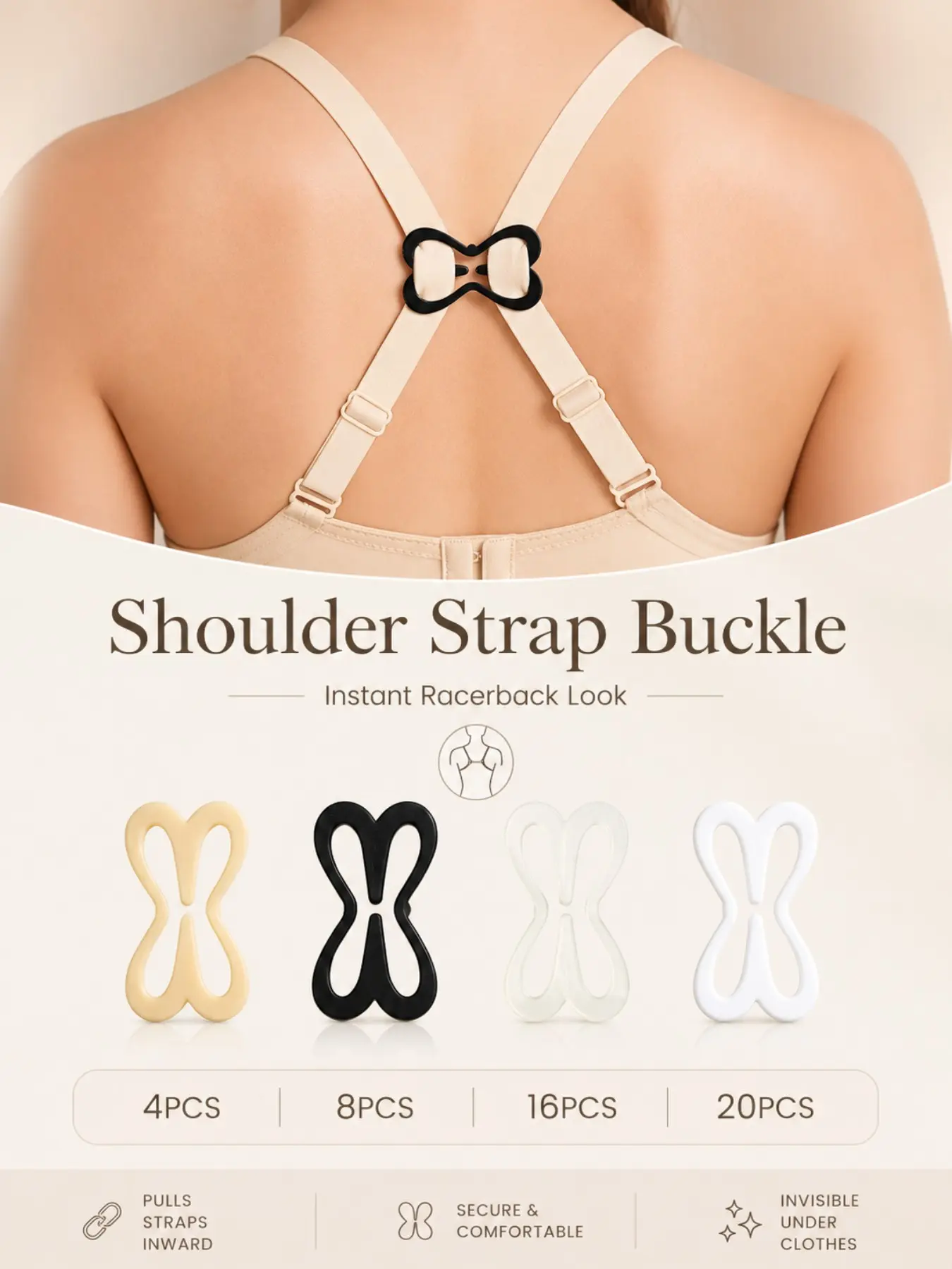 Women's Anti-Slip Secure Bra Strap Clips, Bra Accessory, Invisible Back Cross Buckles, Available in Flesh Tone, Matte, Transparent, Pack of 4/8/16/20