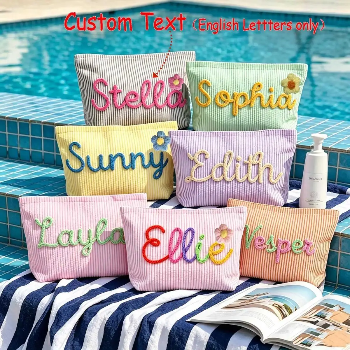 Personalized Seersucker Makeup Bag, Custom Name Cosmetic Pouch, Bridesmaid Gift, Travel Makeup Bag, Striped Toiletry Bag, Beach