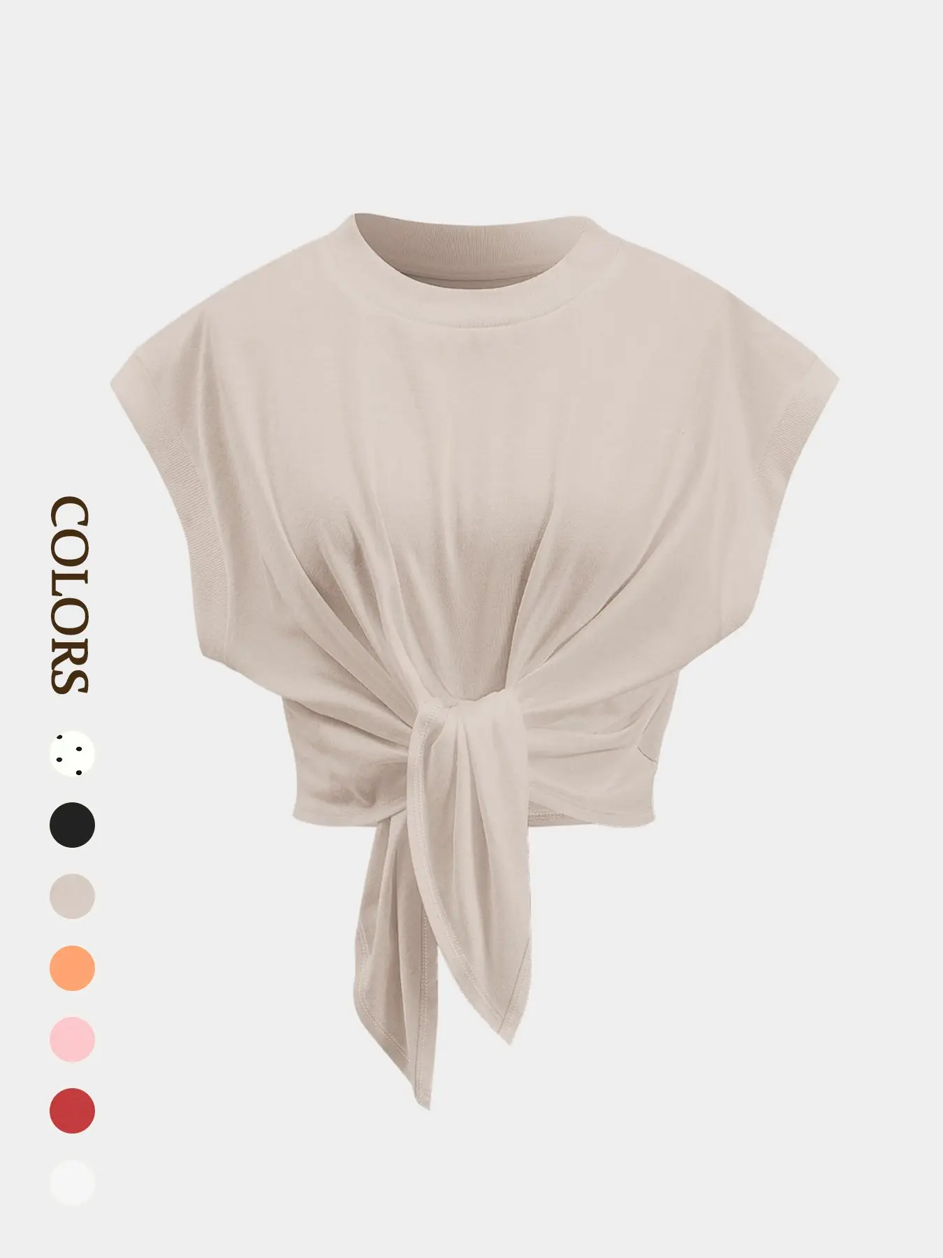 Women's Solid Color Tie Front Crop Tee, Casual Round Neck T-shirt for Summer, Ladies Clothes for Daily Wear, Top, Everyday