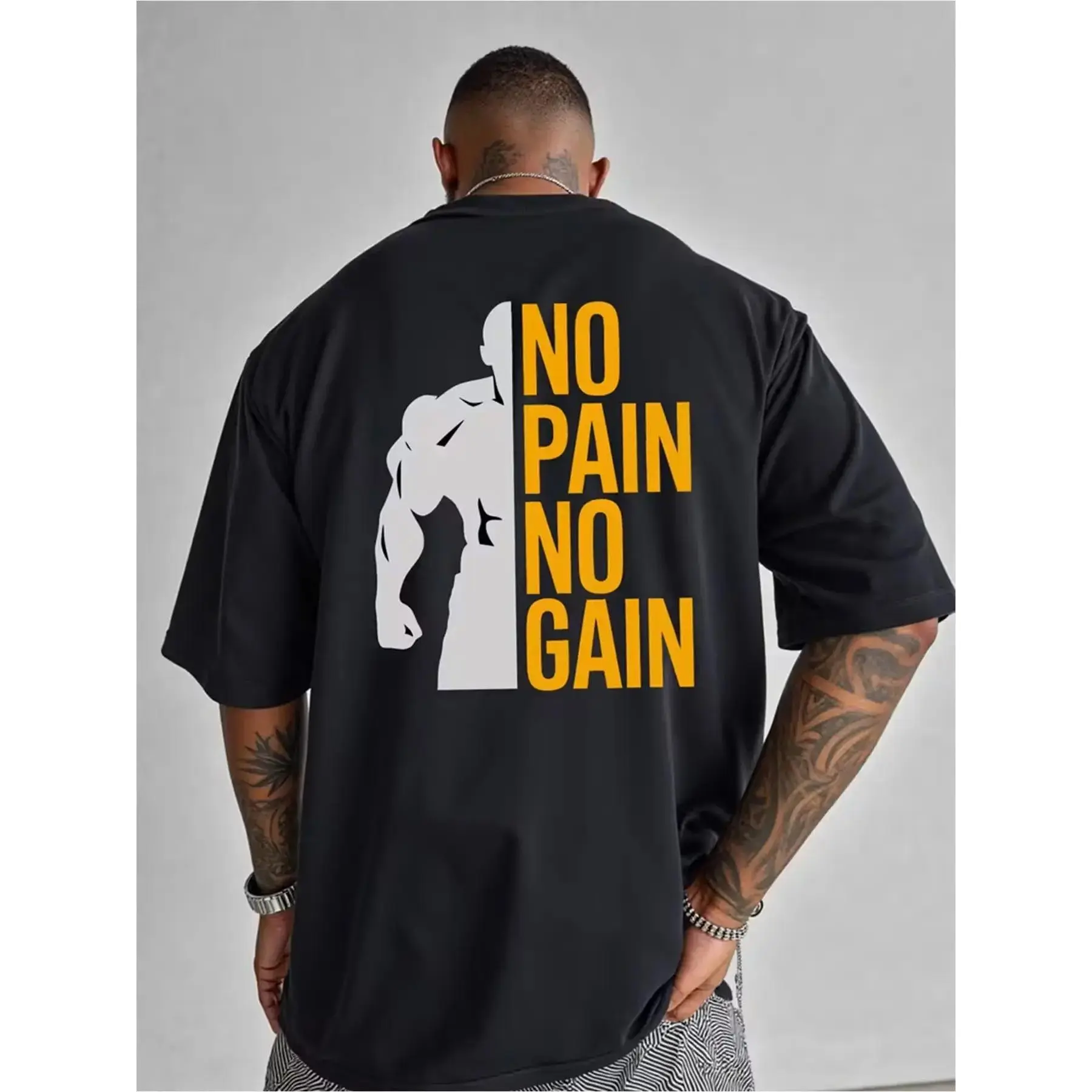 Men's Oversized Gym T Shirt, No Pain No Gain Graphic Workout Tee, Breathable Short Sleeve Bodybuilding Shirts, Casual Streetwear Athletic Tops for Training Fitness Running, Activewear T Shirt, Workout Clothes
