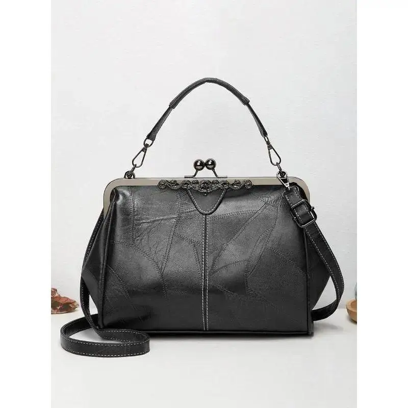 Women's Elegant Vintage PU Leather Crossbody Shoulder Tote - Fashionable Leather Bag with Kisslock Buckle, Adjustable Detachable Strap, Large Capacity Commuter Shoulder Bag for Shopping, Travel, Daily Use (tiktokshopbacktoschool)
