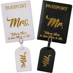4-Piece Mr & Mrs Passport Cover & Luggage Tag Set, PU Leather Travel Tags, Mr and Mrs Gifts, Bridal Shower Presents, Gifts for Married Couples, Honeymooners and Outdoor Travel Lovers