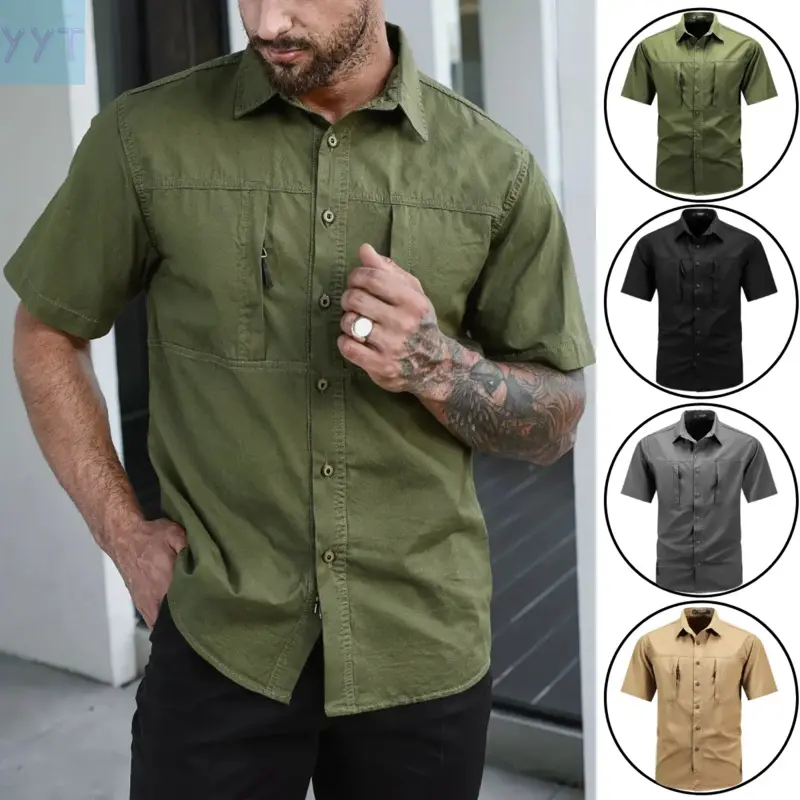 YYT1 Men’s Cotton Classic Style Casual Collared Neck Menswear Shirt - Short-Sleeve, Multi-Pocket Workwear Top Outdoors, Day Casual Use (Multiple), Multicolors, Button