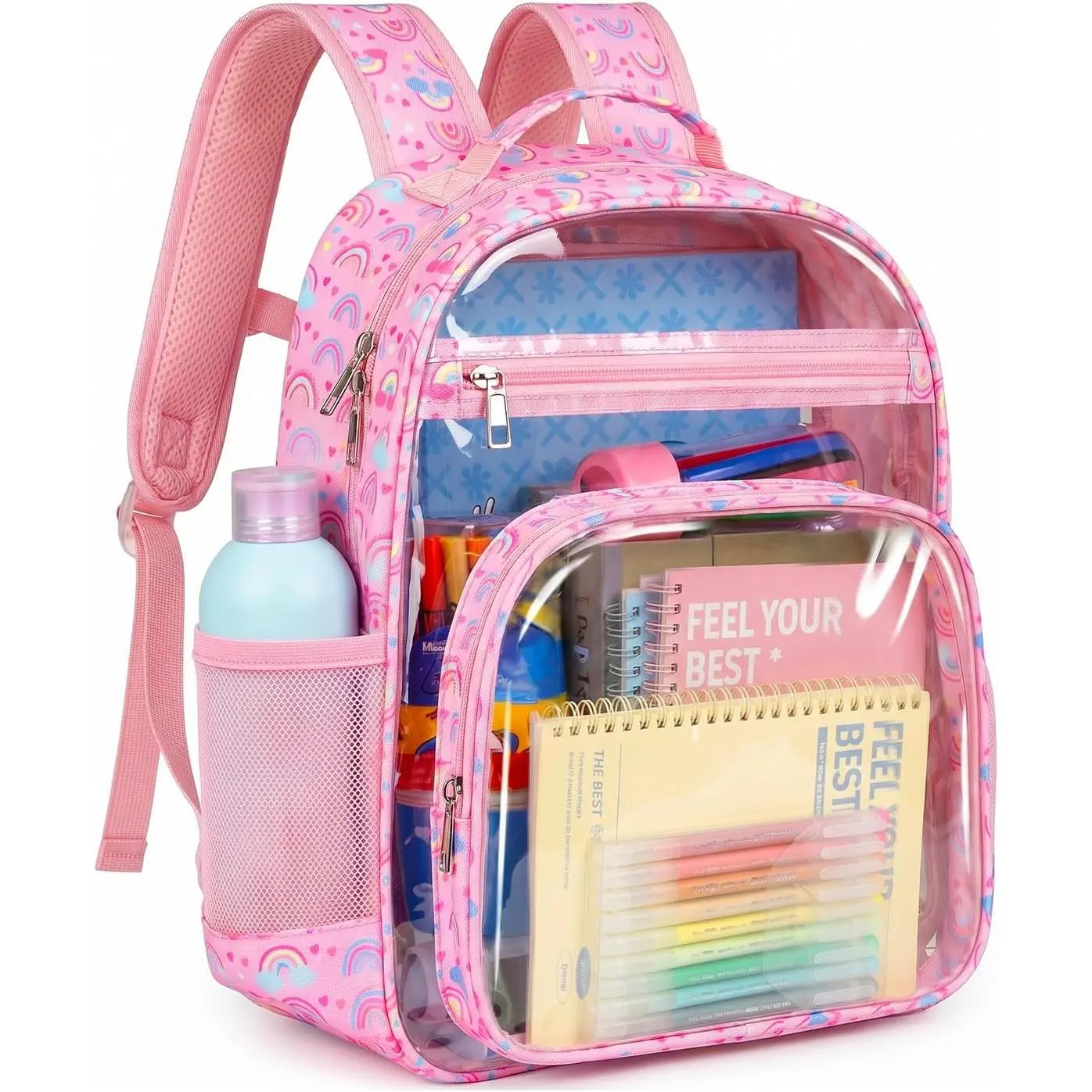 Clear Backpack for Girls - Kids Clear Bookbag - Fabric & PVC Transparent Backpacks for Elementary School, Pink Rainbow
