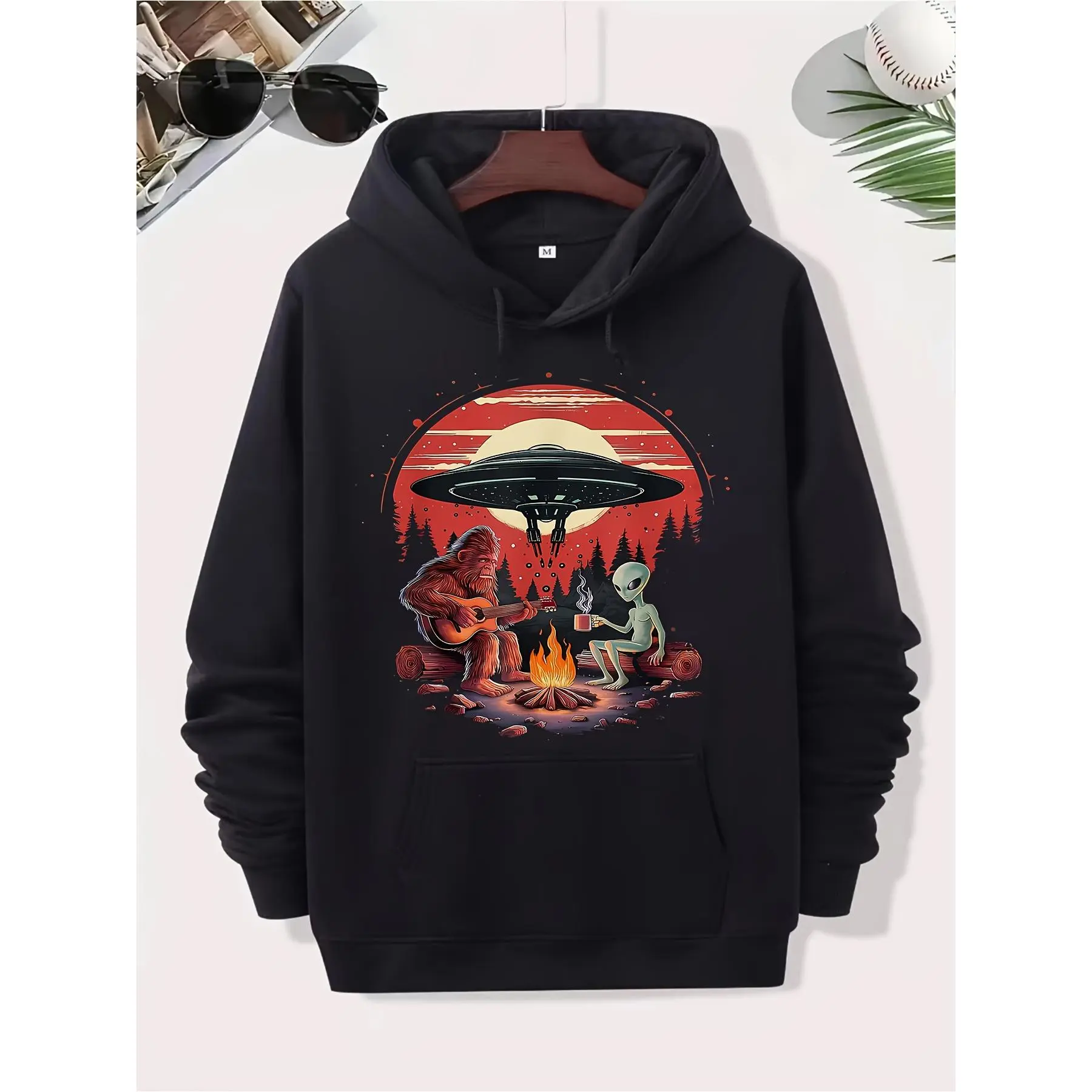 Men's & Women's Alien & Sasquatch Campfire UFO Hoodie - Cotton Blend Pullover with Kangaroo Pocket, Cryptid-Themed Casual Sweatshirt for Game Days, Camping & Cryptozoology Fans (Black)