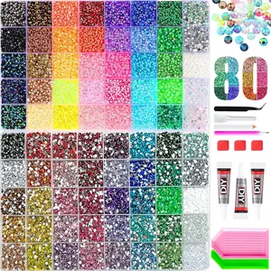 80 Grid 64000+ Mixed Color Ab Rhinestones Set, Includes Glue, Tray, Applique Pen, Perfect for DIY Crafts, Clothing, Cups, Shoes, Fabric, Nail Art，80 Colors Assorted Rhinestone Complete Set with Adhesive & Tools, Flatback Crystal Gems for Manicure