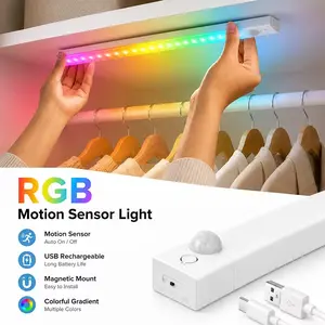 RGB Motion Sensor Light, USB Rechargeable, Wireless Magnetic Under Cabinet Lamp, Auto On/off, Easy Install, Ideal for Kitchen, Bedroom, Living Room