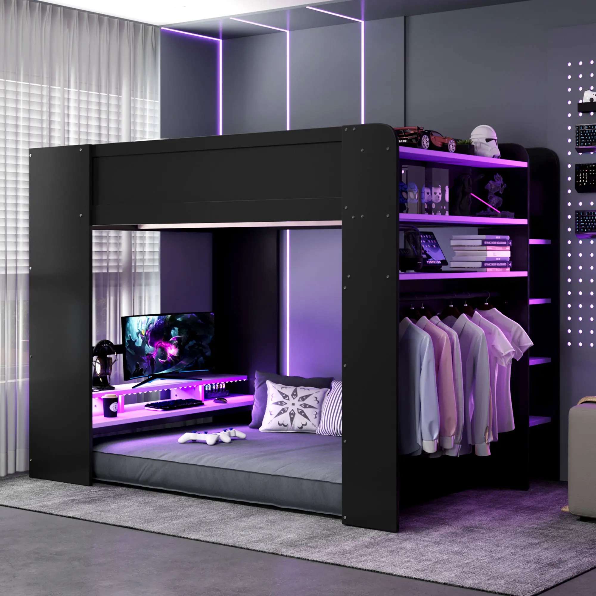 ARCH Full Size Wood Bed Frame - Beds with Height-Adjustable Desk, Wardrobe, Ample Storage, RGB Lights, USB Port, Gaming Station, Purple Combo Set for Bedroom (57.30 W x 85.40 D x 65.00 H in)