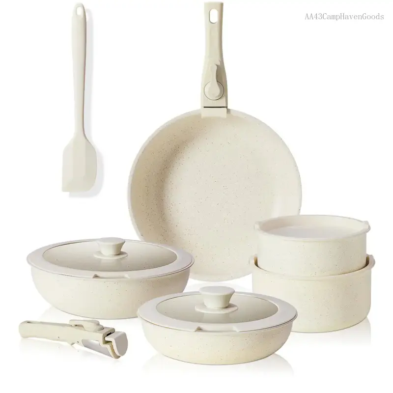 [Deal]12-Piece Nonstick Pots and Pans Set - Kitchen Cookware with Removable Handles - Ideal for Home Cooking, Cream WhiteVelvet Bloom15AA43CampHavenGoods