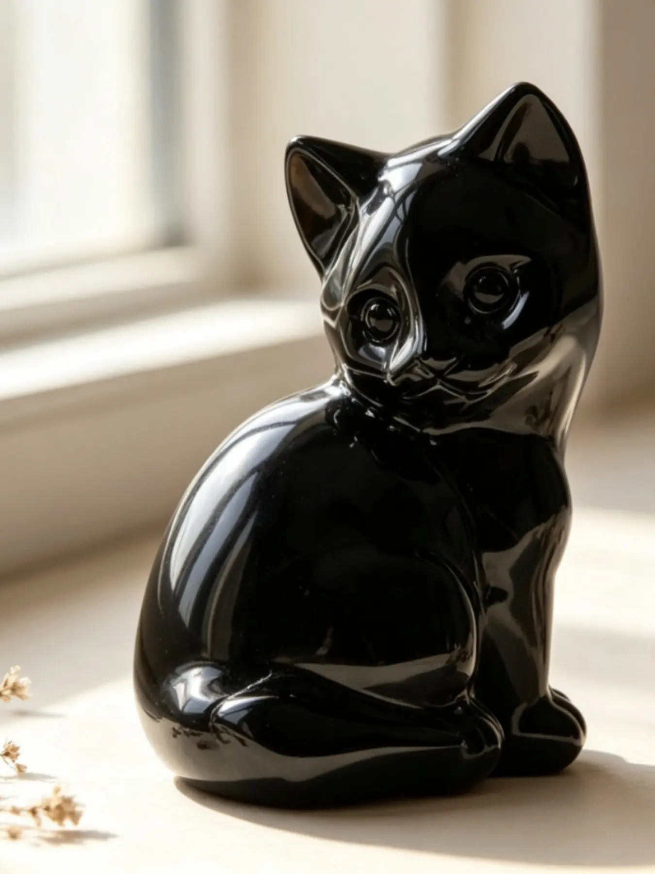 1pc Crystal Cat Carving, Black Obsidia Crystal Black Obsidian Cat Statue, Cat sitting Black Obsidian Animal Crystal Carving Stone Home Ornament, Natural Stone Decor, Unique Crystals, Crystal Decorative Ornaments