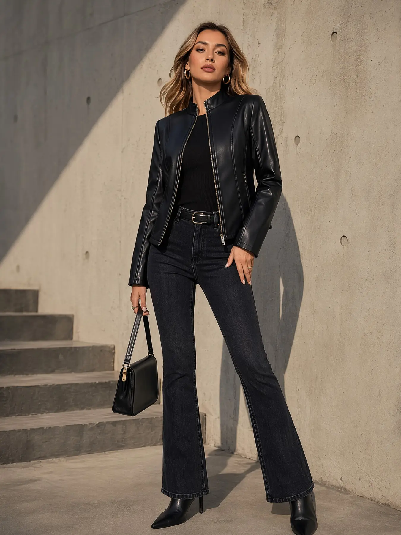 Elegant Stand Collar Leather Jacket for Women, Slim Fit Motorcycle Coat with Zipper Pockets, Chic Solid Color Outerwear