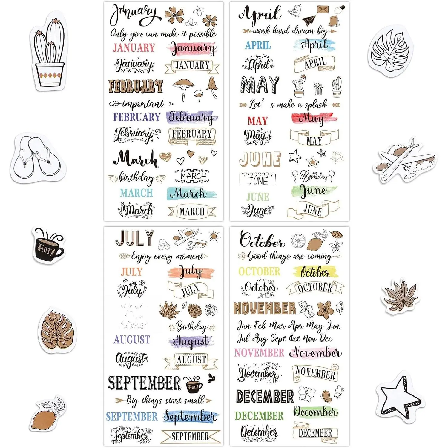 24 Sheets Monthly Planner Stickers for Calendars Journaling Creative | Aesthetic Monthly Stickers for Calendars Scrapbook Supplies & Accessories Paper Book Decoration