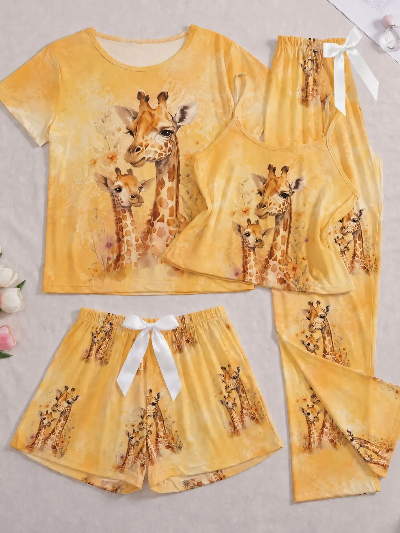 Giraffe Print Four-Piece Pajama Set, Matching Lounge Sets, Round Neck, Short Sleeve, Tank Top, Shorts, Long Pants, Comfortable Breathable Fabric, Versatile Home Wear