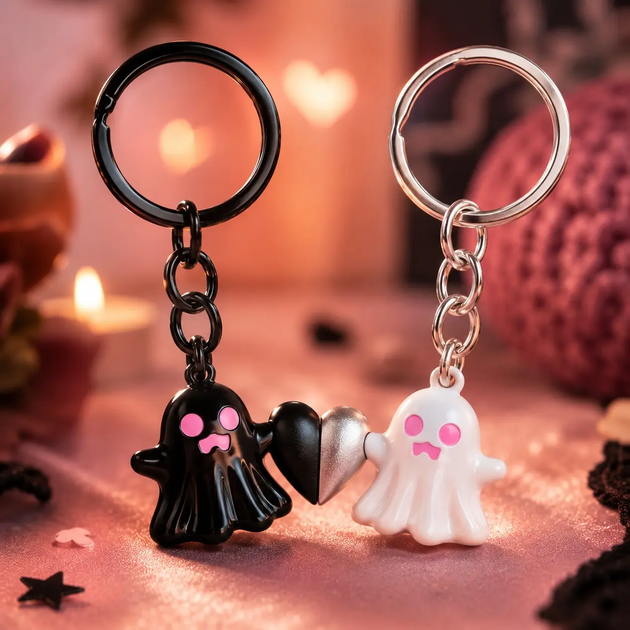 Cute Ghost Magnetic Keychains for Couples, Pink & Black Matching Keychains with Heart Magnet, Y2K Kawaii Bag Charms, Halloween Gift, Matching Gift for Couples & Best Friends