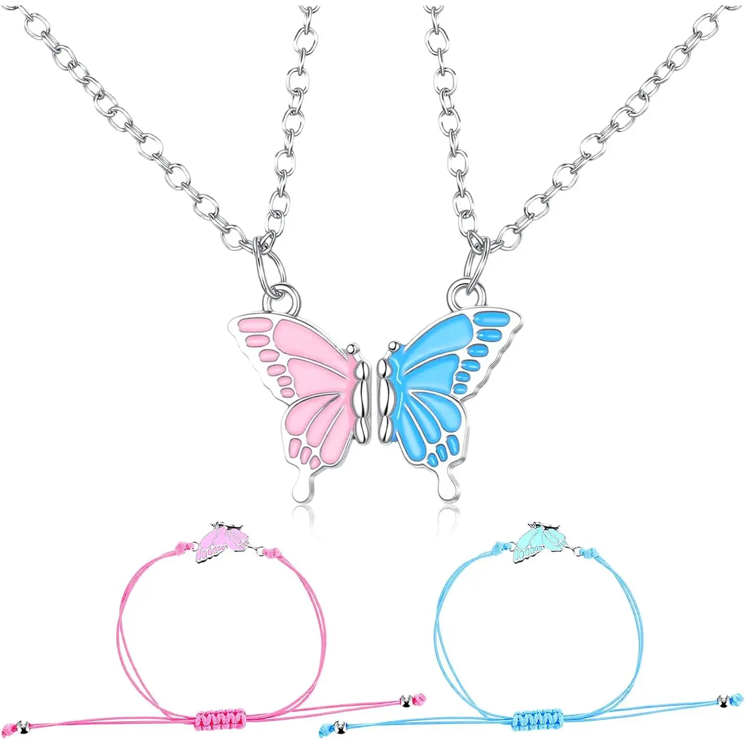 Alloy Enamel Butterfly Motif 2-Piece Friendship Necklace Set, Adjustable Separating Halves Costume Jewelry for Friends