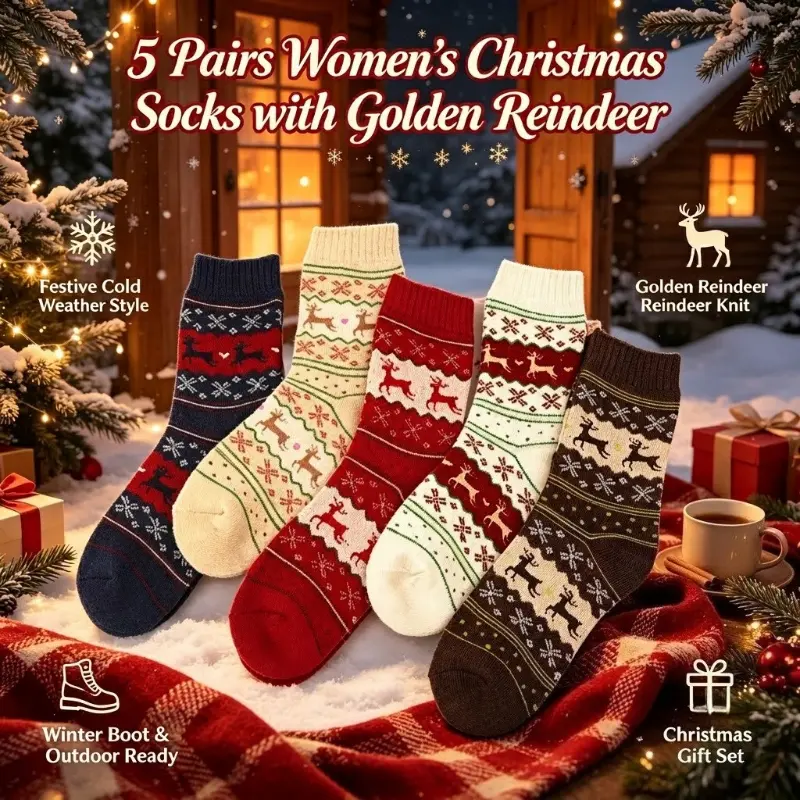 Thick Terry Christmas Socks for Women with Reindeer Print, Warm Soft Mid Calf Holiday Style, Mixed Colors-5 Pairs, Machine Washable, Adults, Quilted