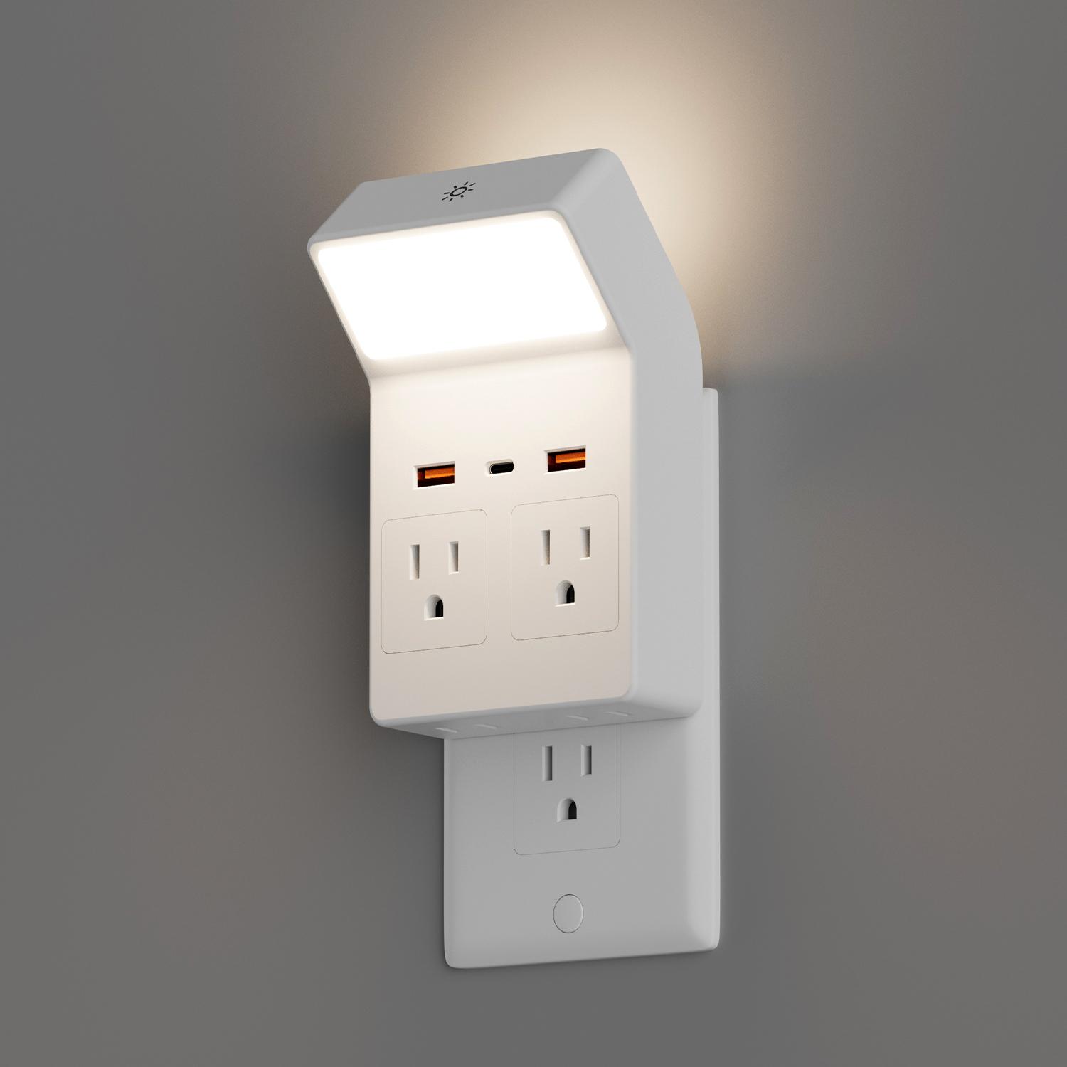 Wall outlet with night light, multi-functional socket converter with protection and extension, featuring 4 AC power sockets, 2 USB ports, and 1 Type-C port, suitable for home, office, and travel use plug