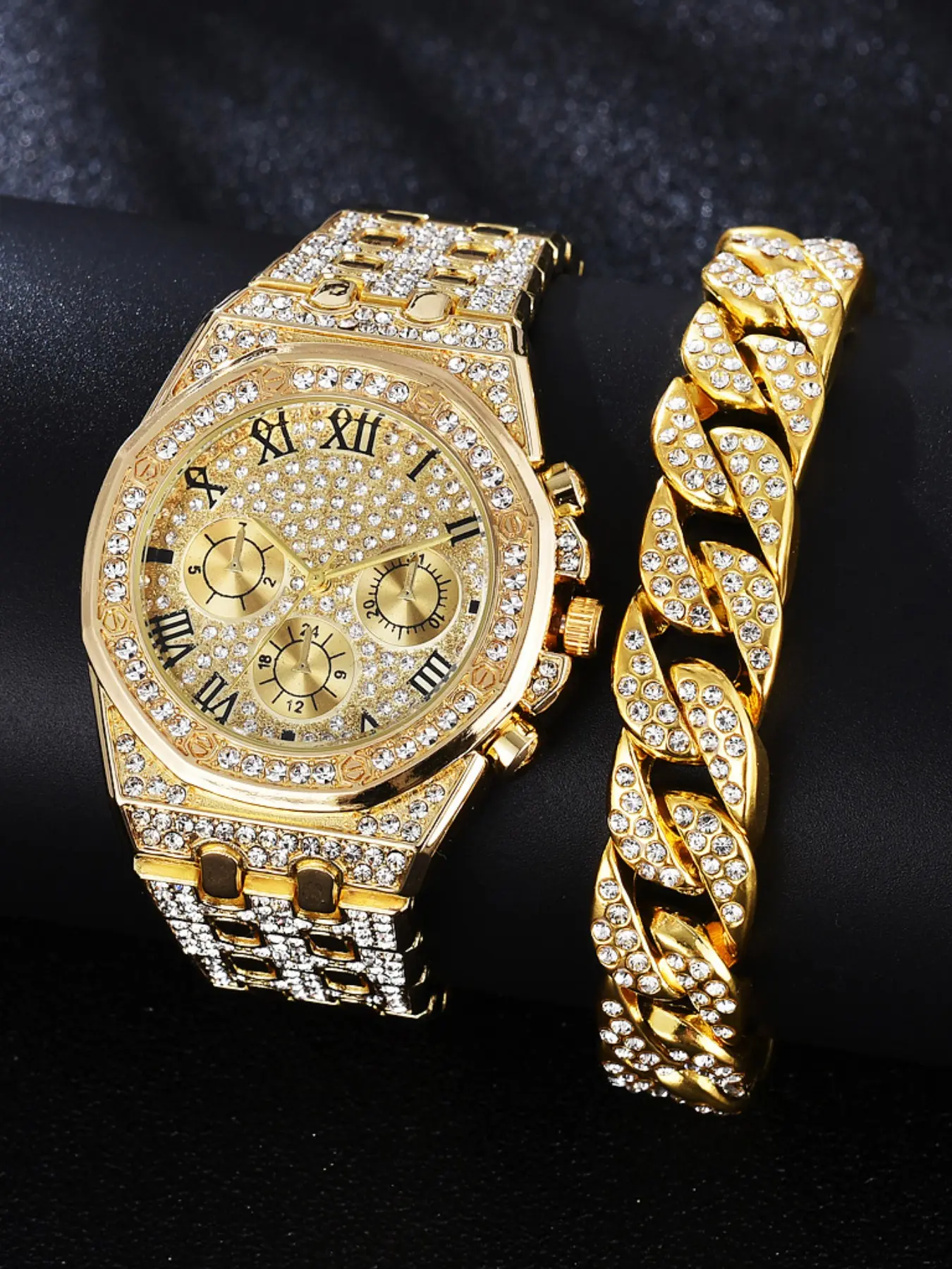 Men's Diamond-Encrusted Watch Set, Punk Style Roman Numerals, Geometric Resin Case, Analog Electronic Movement, Perfect for Parties