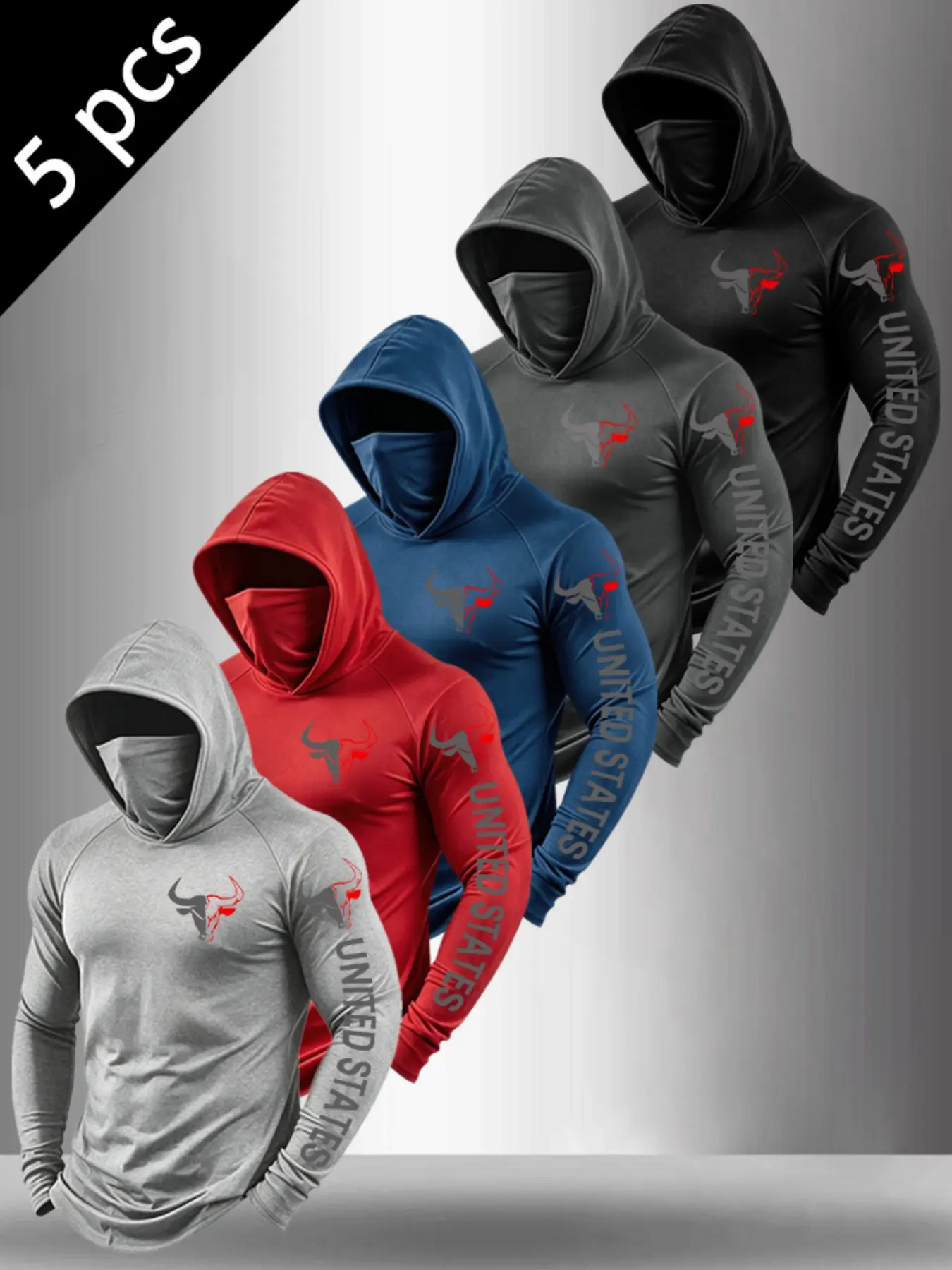 Five-Piece Men's Long Sleeve Hooded Jacket, Face Mask Included, Bull Head & Usa Print, Western Outdoor Casual, Casual Streetwear, Hunting Cycling Daily Wear