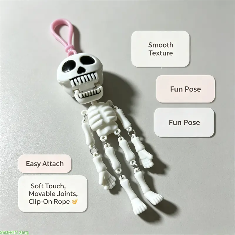 Multi-Tone Skull Flexible Joint Skeleton Key Ring Charm, Portable Plastic Halloween Aesthetic Accessory for Trick-or-Treat Goodie Bag Fillers, Kids Holiday Backpack Decor, With Key Ring, Creepy Cute Decor, Small