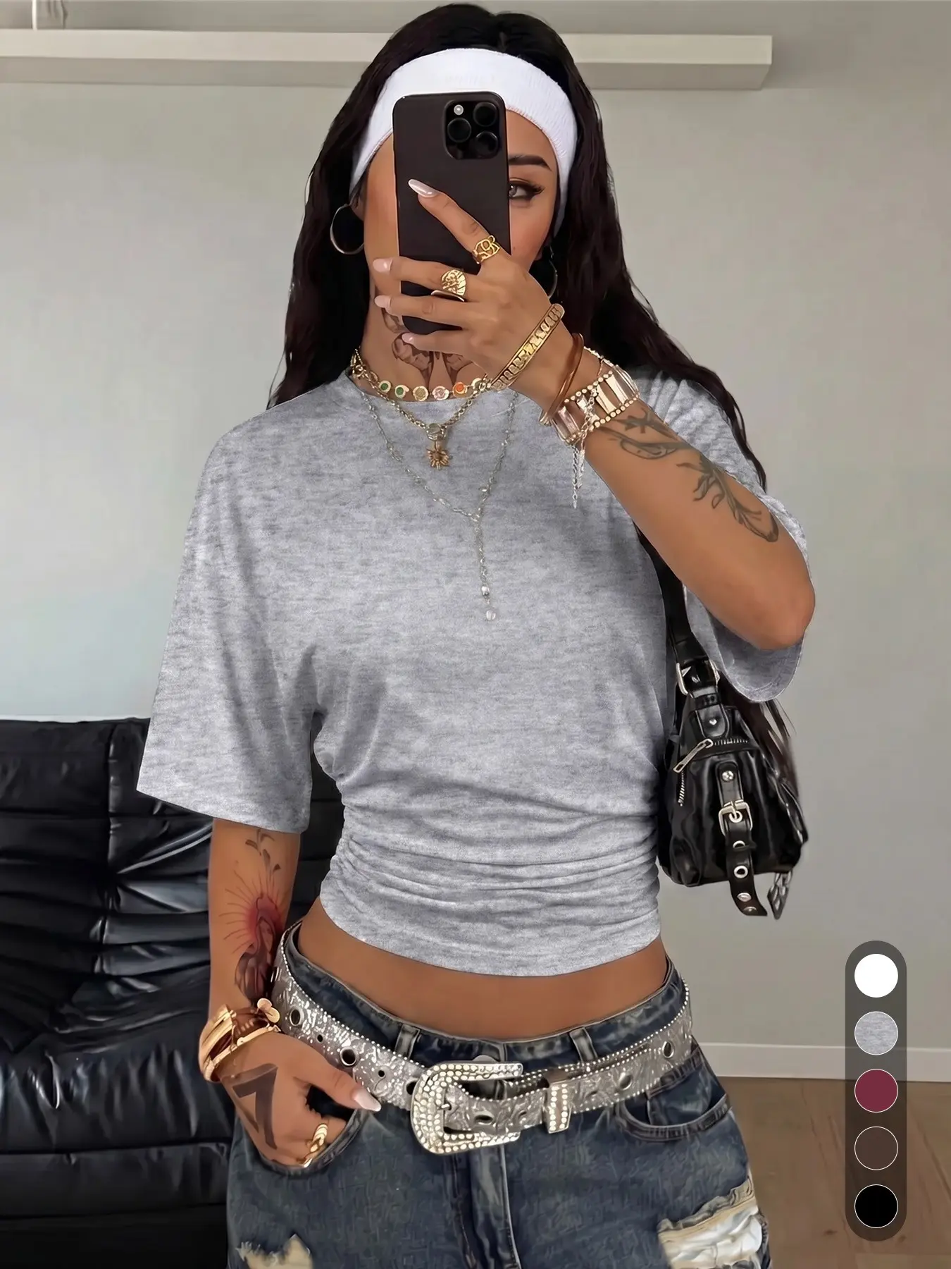 Women Crew Neck Short Sleeve Cropped T-Shirt, Side Ruched Slim Fit, Soft Stretchy Loose Drop Shoulder, Chic Casual Everyday Wear Summer