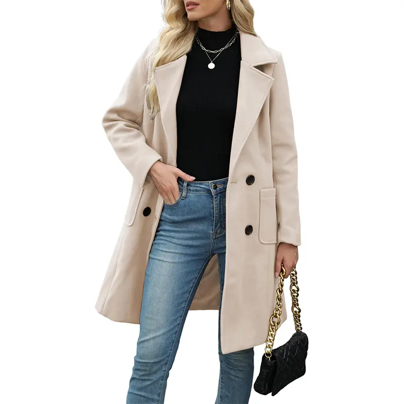 Women’s Double-Breasted Long Peacoat Mid-Length Coat for Work Office - Notch Lapel Trench Style, Tailored Fit with Front Buttons, Side Pockets, Waist Tab Back Detail, Warm Fall Winter Outerwear