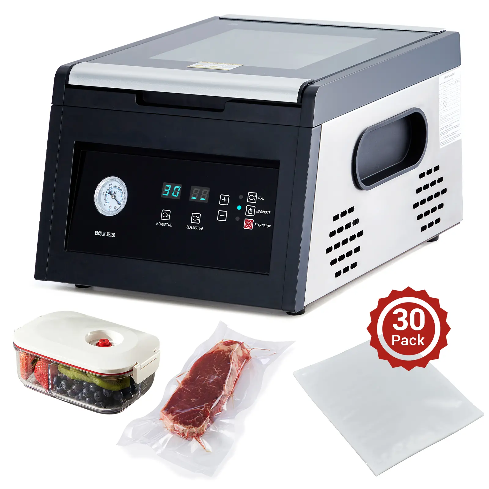 Chamber Vacuum Sealer, 10.65-Inch, 1700W Dry Pump, 110V, Marinating Mode, 12-11.4-3.1 Inches Dimensions, Includes 30 Vacuum Bags, 110 Volts