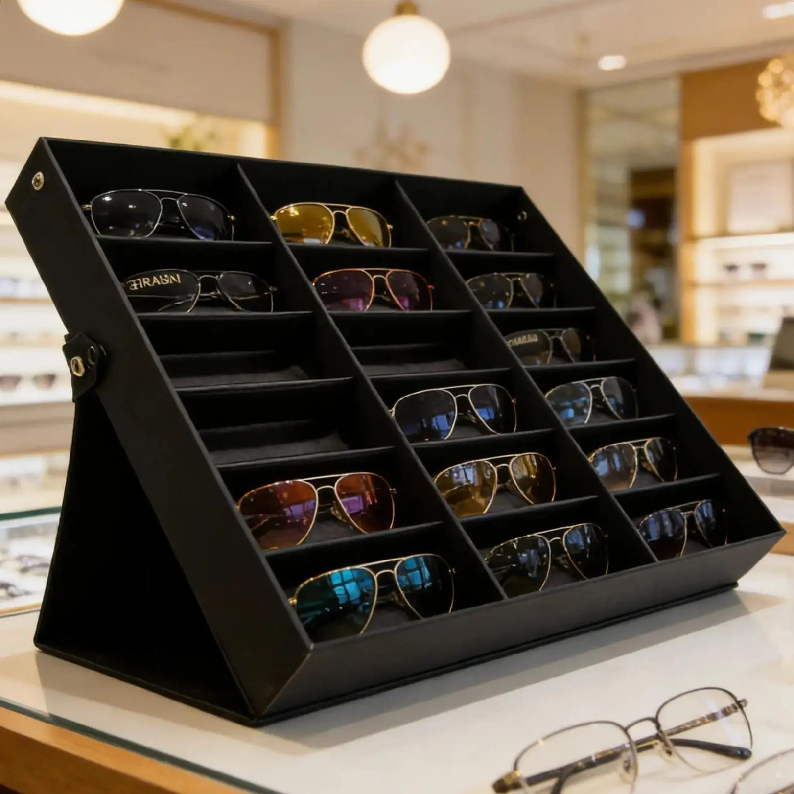 18-Slot Dust-Proof Sunglasses Organizer - Metal Buttons Snap Cover Eyeglass Storage Box, Utilizes Built-In Foldable Kickstand, 18.5x14.25x2.5in Home Organizer for Desk & Vanity, Travel-Optimal Solution