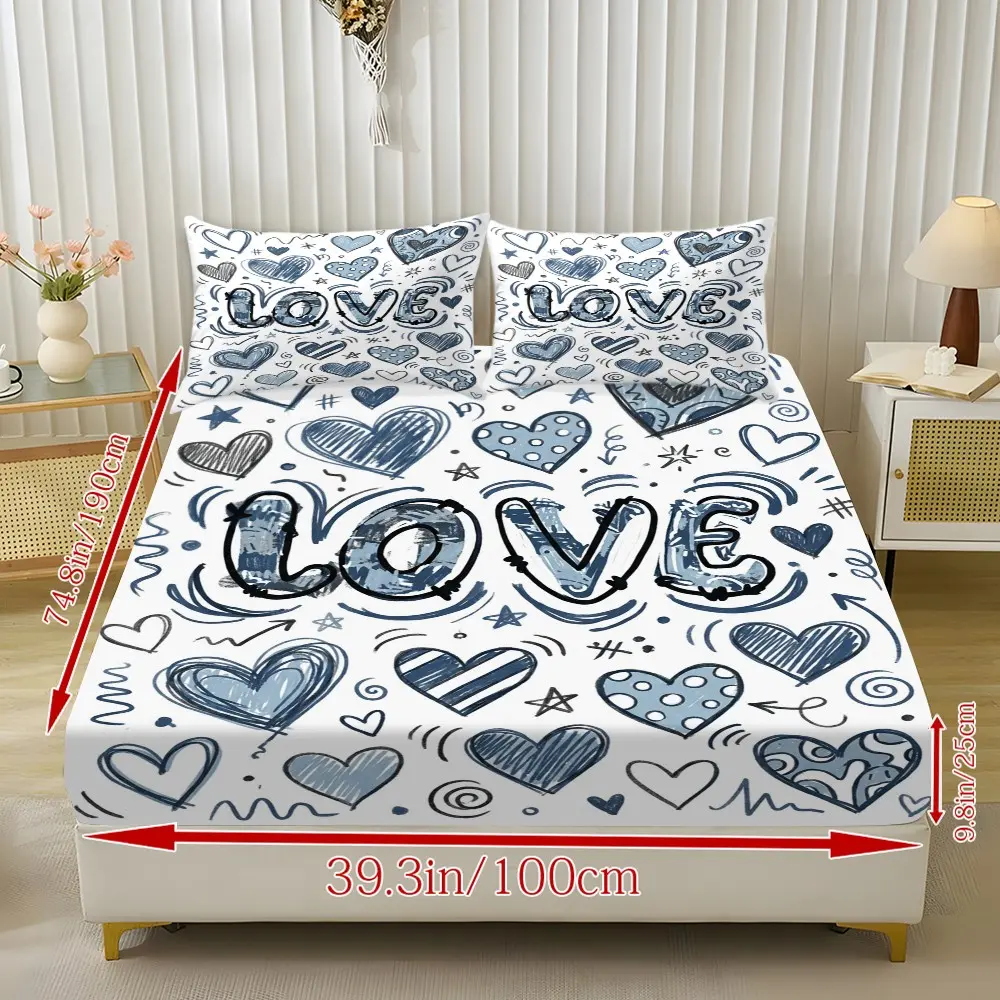 3 Piece Set 2D Flat Print Bed Sheet, Heart Theme Bedroom Decor, Love Pattern, Includes 1 Bed Sheet + 2 Pillowcases, No Core, Bed Sheets Set