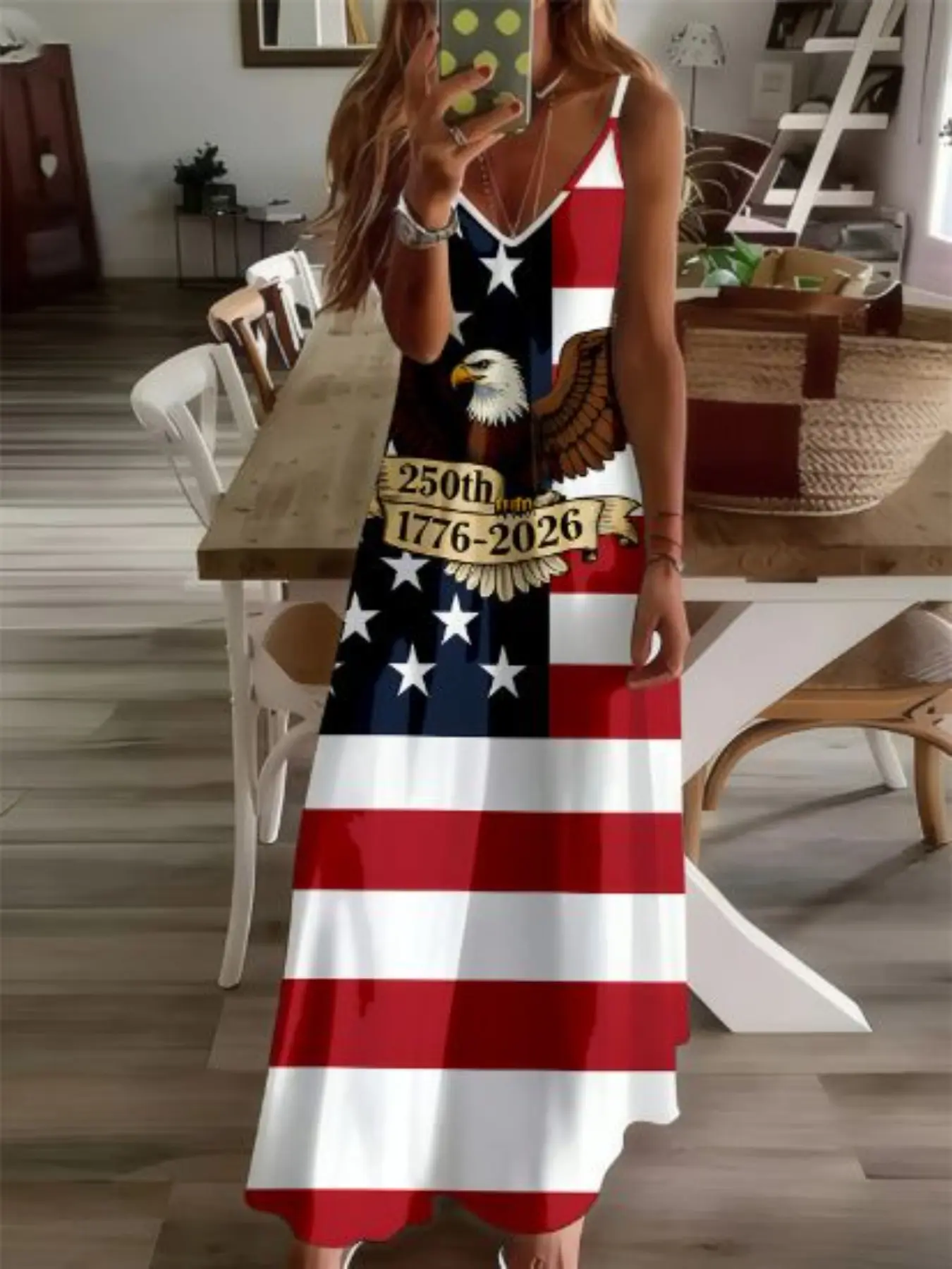 Women's New Arrival Italian Strap Sleeveless Dress, Elegant Loose Fit, Usa 250th Anniversary Memorial Dress, Flag and Eagle Print, Casual Beach Wear Summer, Womenswear