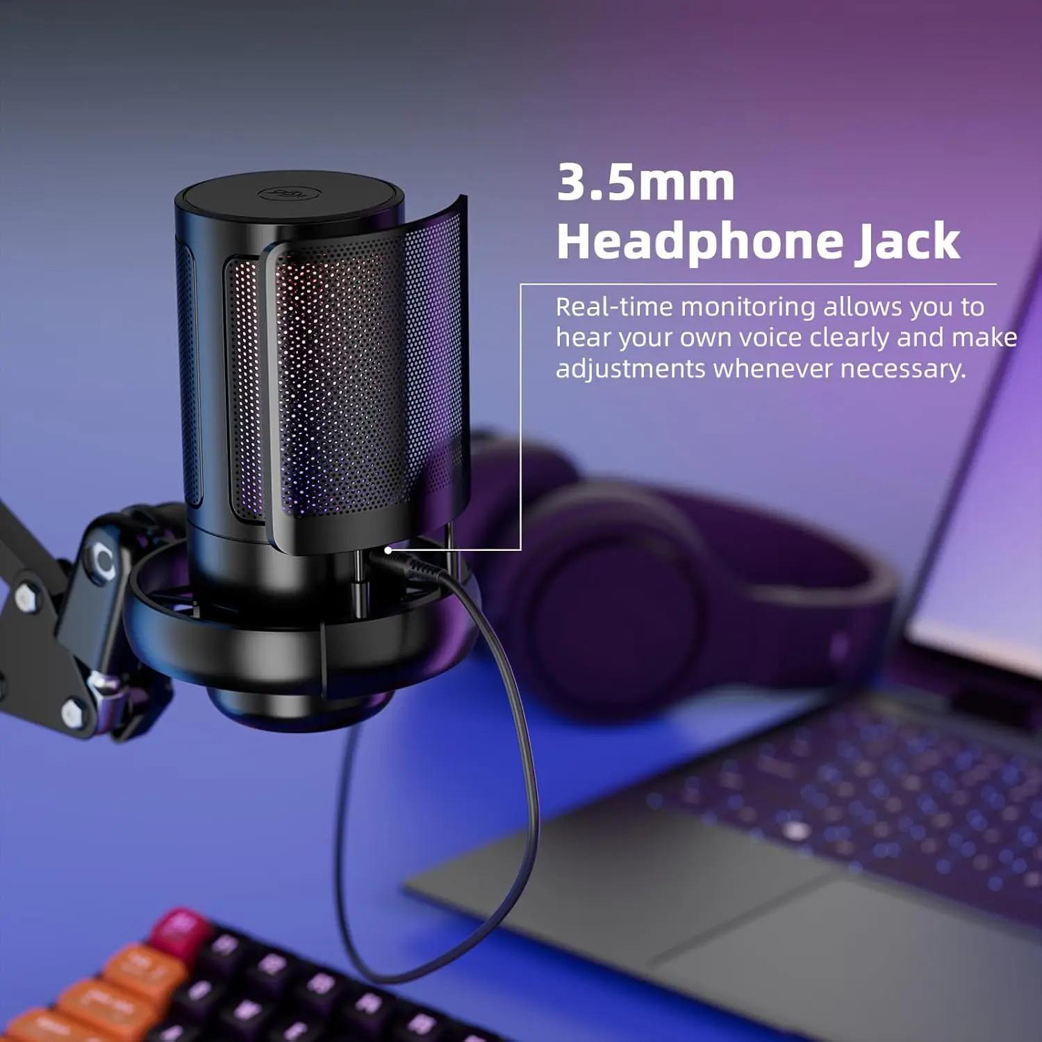 USB Condenser Microphone RGB Esports Game Call Recording Condenser Mic with Metal Boom Stand Desktop Mic for Studio Recording
