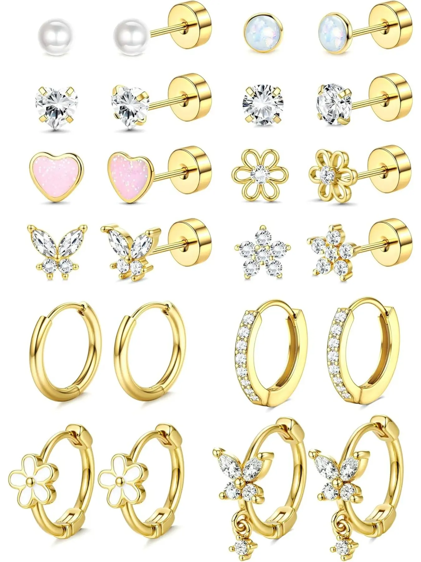 Hypoallergenic Flat Back Earrings for Women Girls-Cute Toddler Kids Teen Girls Earring Set-Surgical Steel Earrings for Sensitive Ears-14K Gold Plated Stainless Steel Flatback Studs Screw Back Small Hoop Cartilage Earring Stacks Stud Earring Jewelry