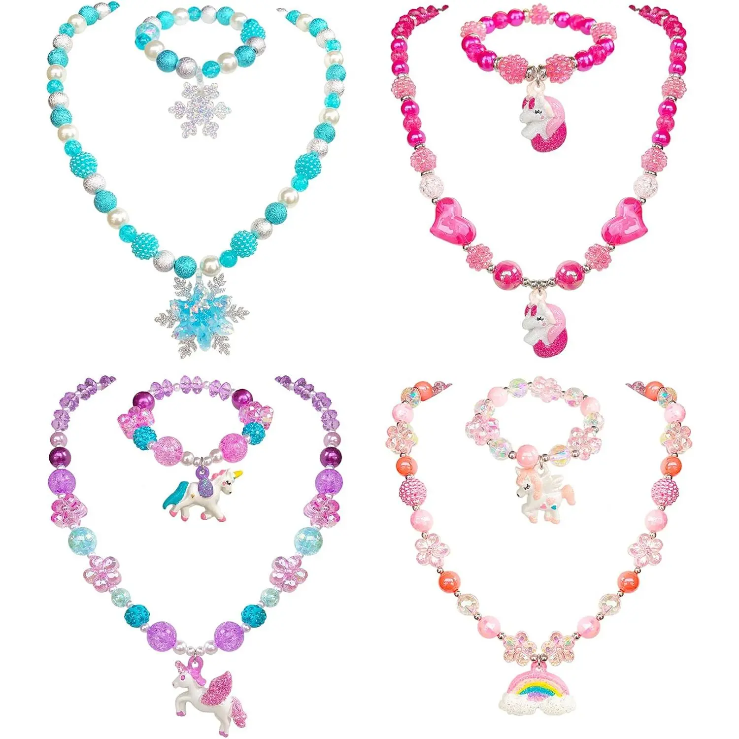 ELEMIRSA 4 Sets Baby Girl Unicorn Necklace Bracelet Set Dress up Princess Pretend Play Necklace Bracelet Jewelry Gift for Toddlers Kids Jewelly Set in Gift Box