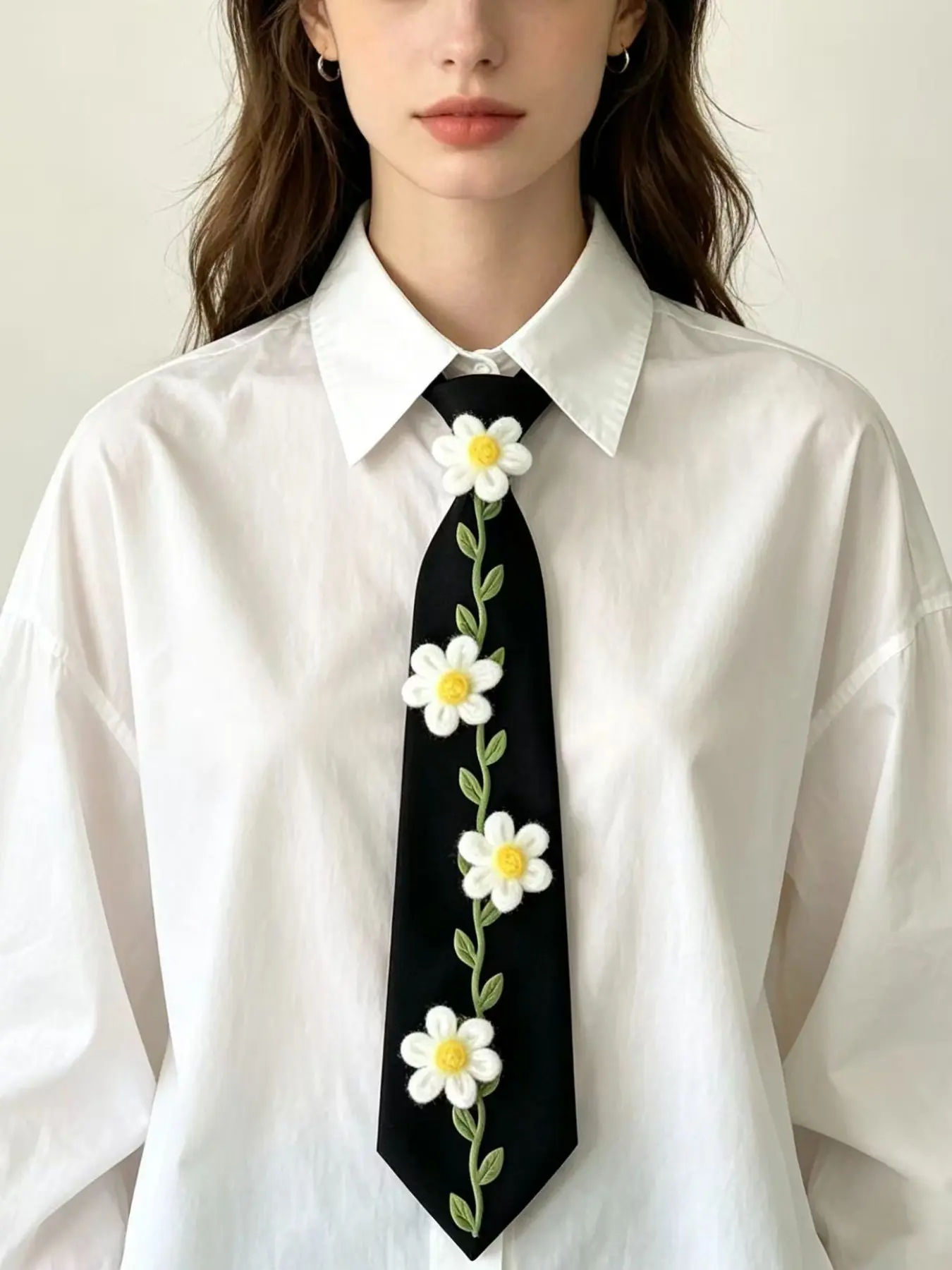 Coquette 3D Daisy Floral Embellished Necktie, Pre-tied Decorative Casual Elegant Tie for Women Blouse Accessory