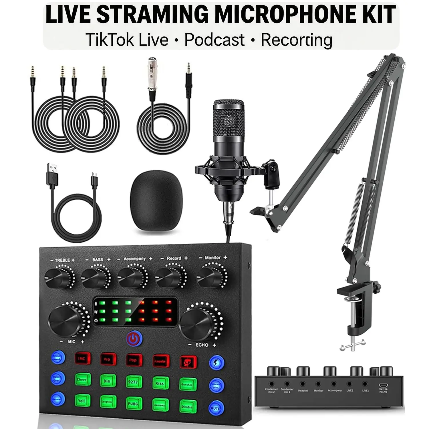 V8S USB Audio Mixer with Voice Changer (1 Set), Podcast Mixer, Sound Card for Phone Gaming Karaoke Studio Streaming Recording Live Streaming Podcast