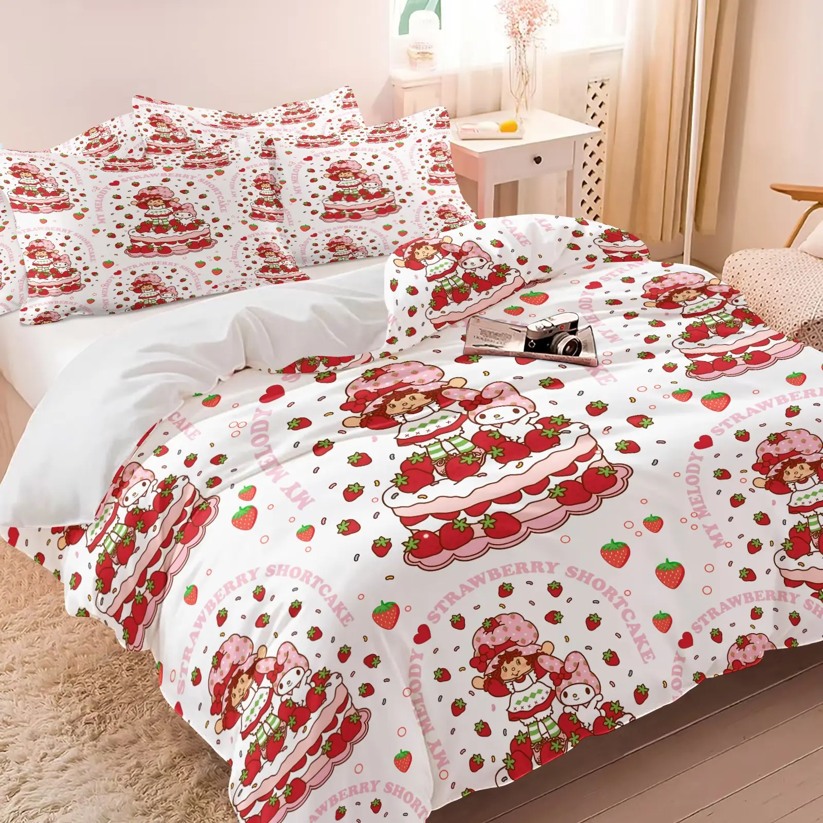 Sweet Strawberry Cake Girl & Bunny Duvet Cover Set, Decorative Duvet Cover, 1 Duvet Cover + 1/2 Pillowcases, No Filling, HD All Season Print, Soft Breathable, Cute Pink Cartoon Girl & Strawberry Cake Pattern for Girls Bedroom Decor