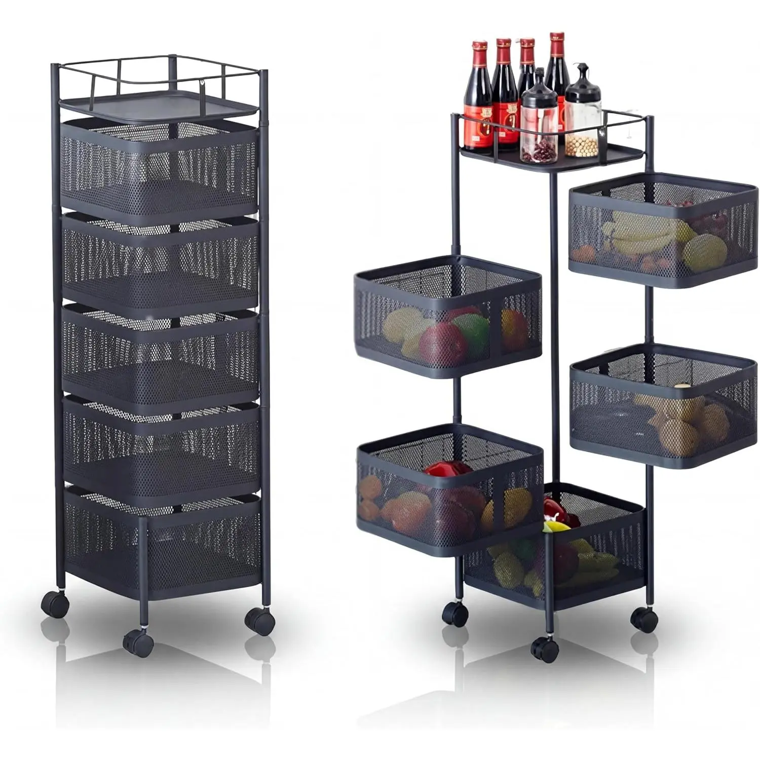 5-Tier Carbon Steel Rotatable Pre-Assembled Storage Cart - Minimalist Mesh Accessory Storage Rack with Basket, Home Organization Solution for Kitchen Veggies & Home Supplies, Garlic