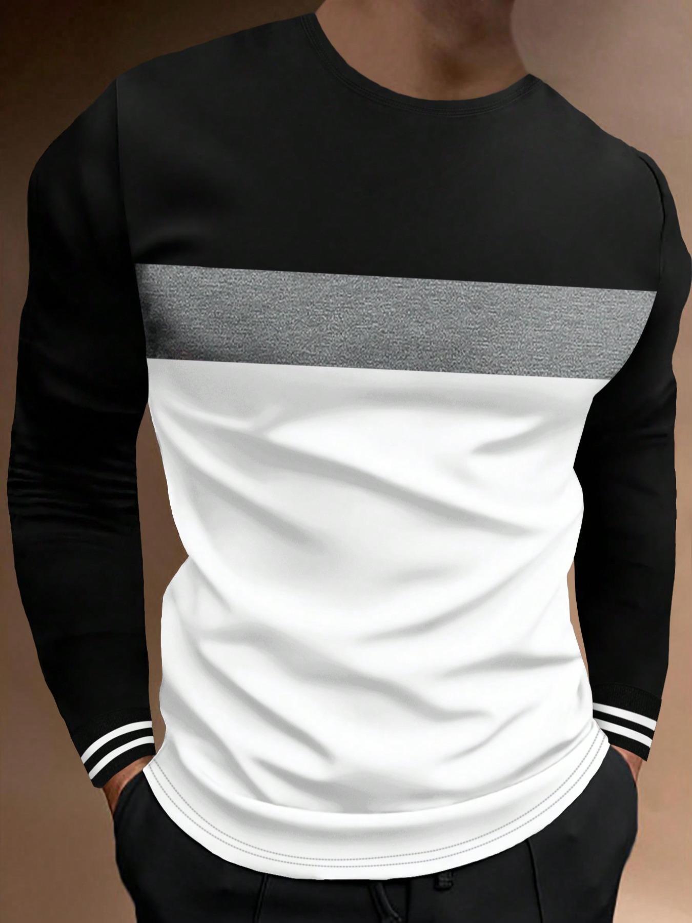 Men's Colorblock Striped Print Round Neck Tee, Casual Long Sleeve Crew Neck Jersey T-Shirt for Spring & Fall, Fashion Men's Fitted Regular Fit Top for Daily Wear Casual Basic Tee
