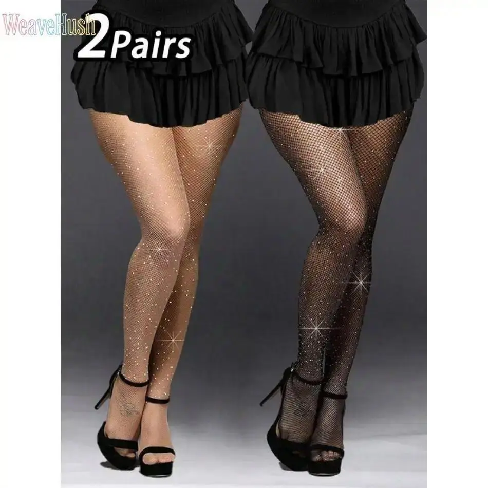 Women Sparkly Rhinestone Fishnet Pantyhose, 2-Pack Stretchy Mesh Tights, Shiny Crystal Decor See-Through Hosiery, Fashion Outfit Accessory for Nightclub Dating Party Daily Matching