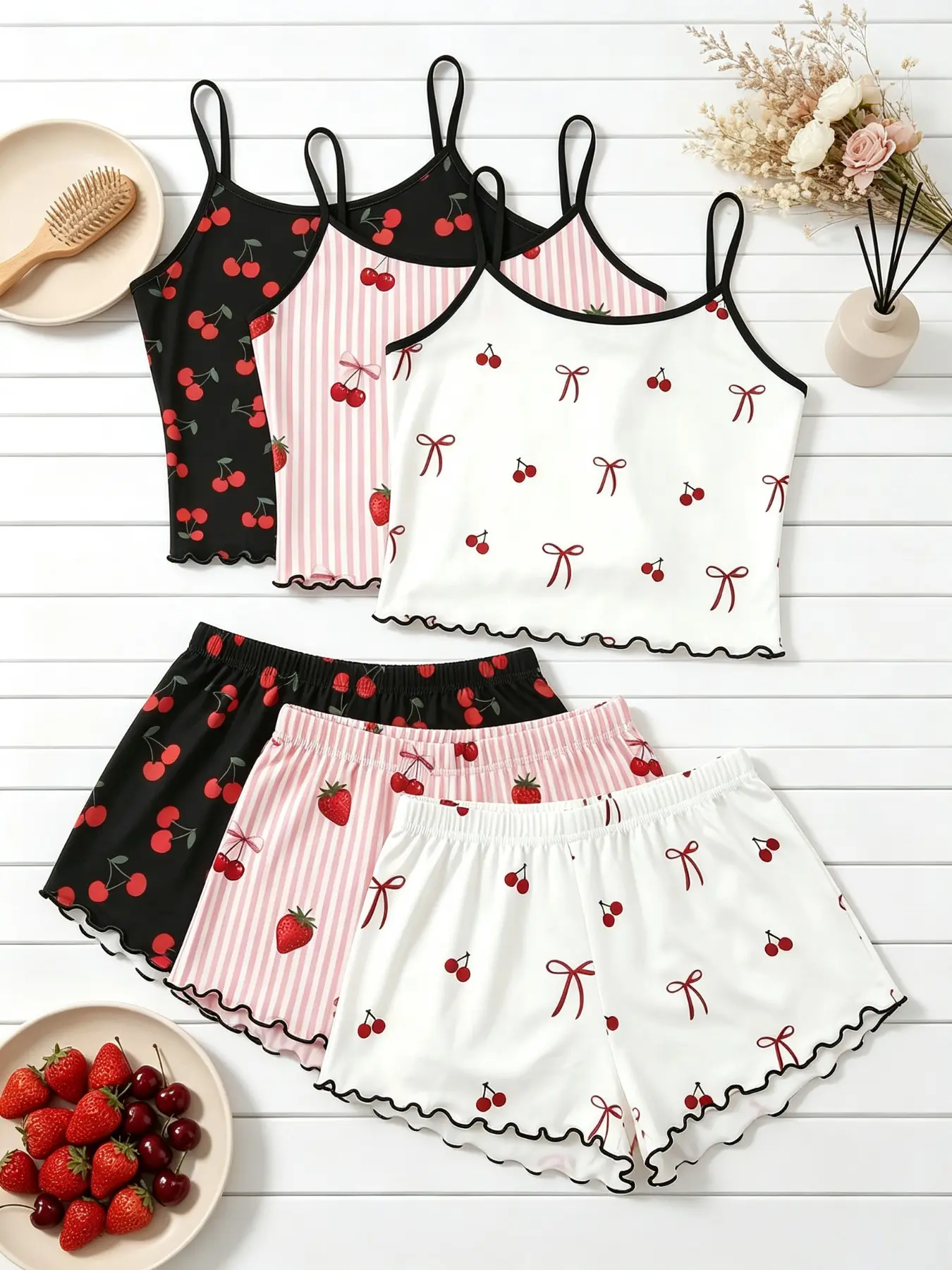 Women's Sleepwear & Loungewear 6 Pack Value Matching Set, Camisole Sets, Cherry Bow Stripe Print Summer Spaghetti Strap Ruffle Lettuce Hem Contrast Trim Lightweight Sleeveless Cami Top Short Pants Casual Two Piece Outfit Home Daily Wear