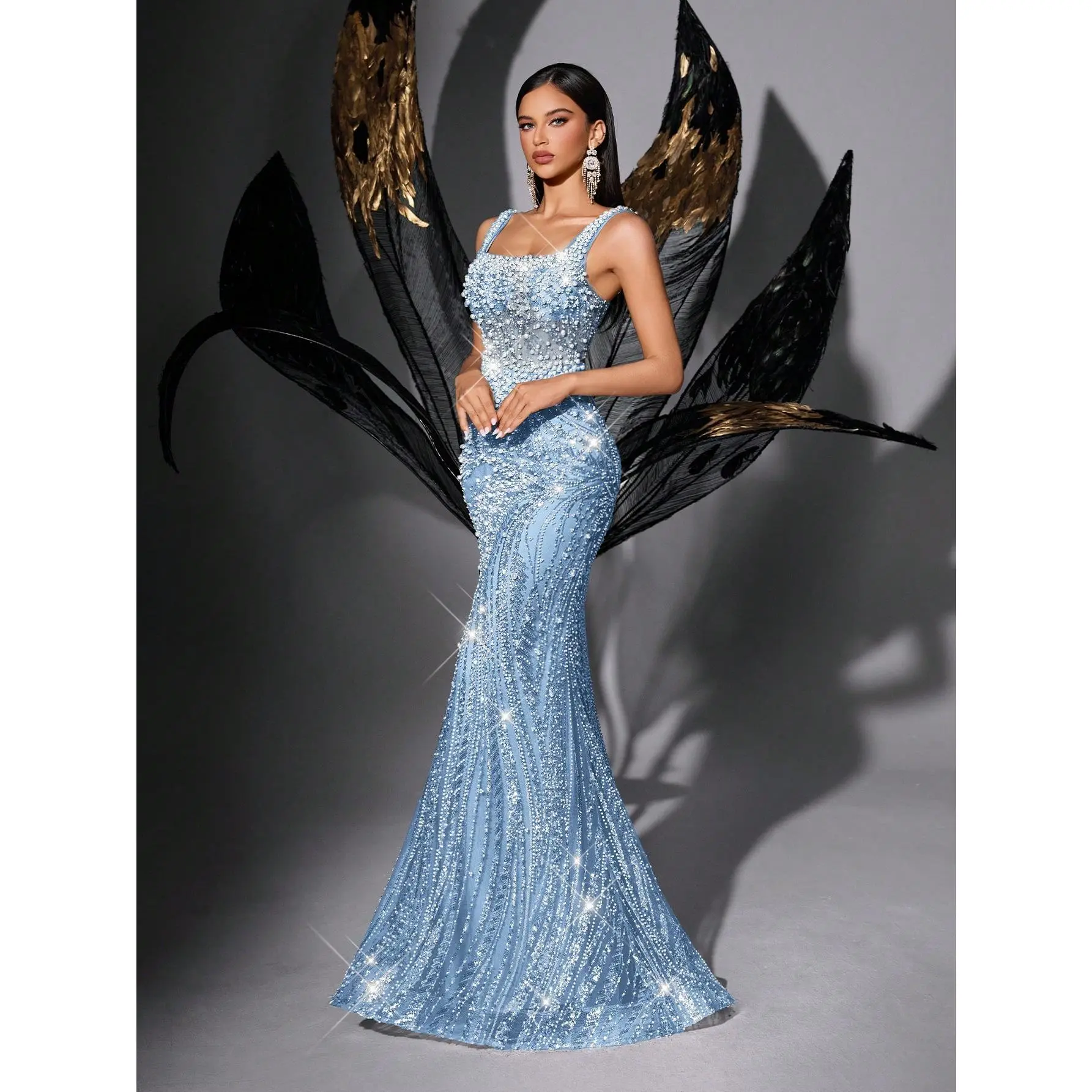 Sky Blue Square Neck Backless Mermaid Evening Gown Full Beaded Rhinestone Sleeveless Bodycon Formal Dress Elegant Floor Length Prom Gala Wedding Party Gown Adjustable Waist Tightness Womenswear