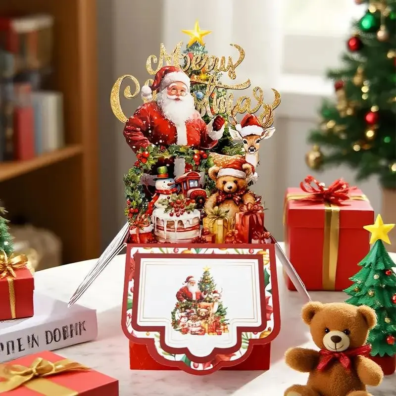 Vintage 4-Layer Christmas Greeting Card – Santa Claus, Reindeer & Tree Design, Red Holiday Card with Envelope, Christmas Party Invitation, Xmas Greeting Cards for Friends & Family, Festive Holiday Card, Christmas Card Bulk, Holiday Party Supplies